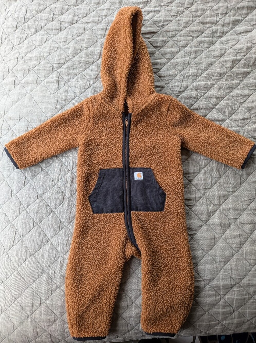 Carhartt Brown Hooded Sherpa Kids One-Piece with Black Pocket 9 Month